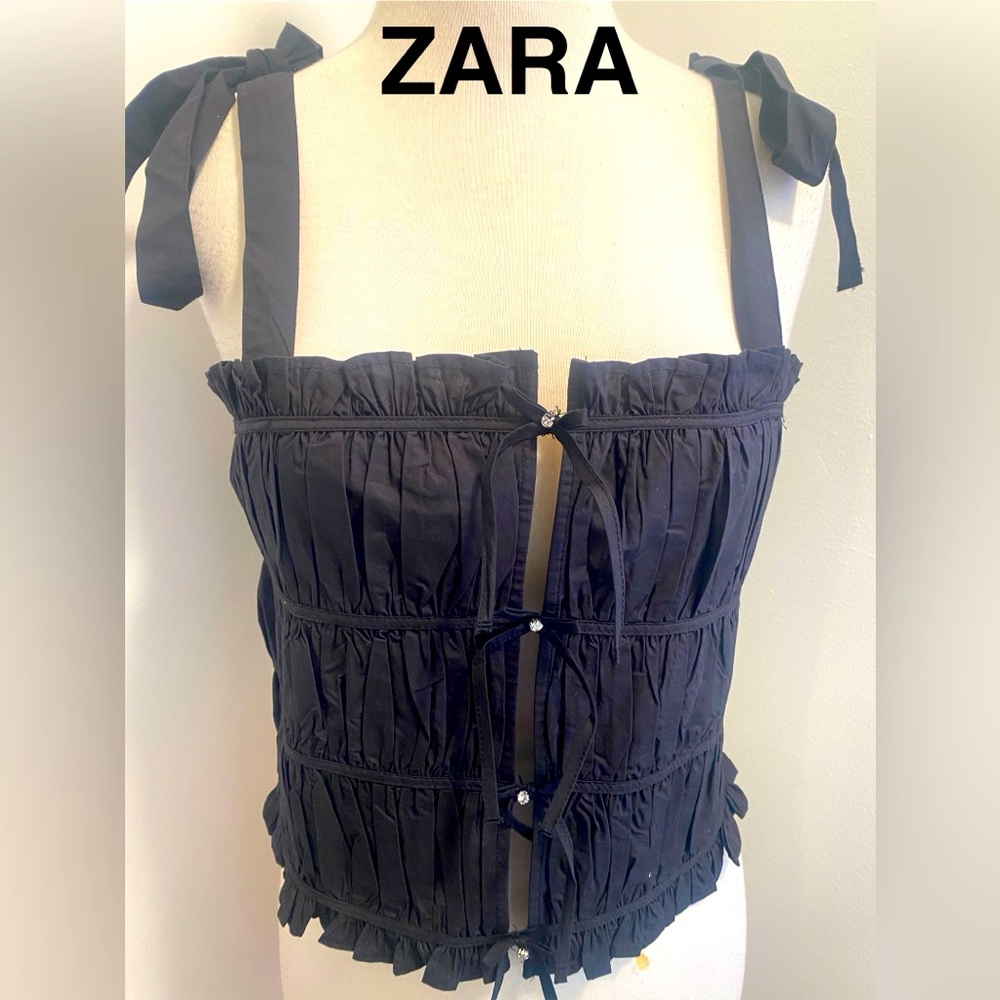 ZARA Black Ruffled Tie-Front Women's Top - Size S - NEW